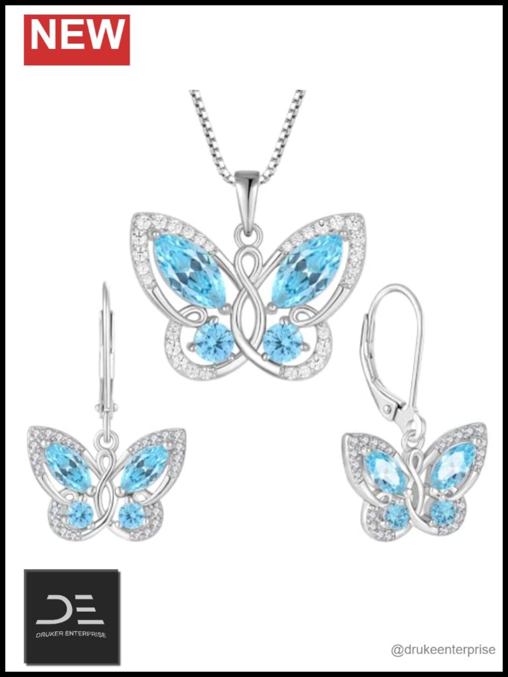 925 Silver Butterfly Necklace & Earrings Set Created Aquamarine
